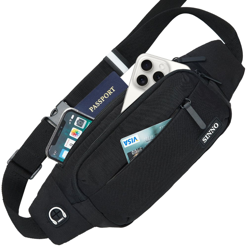SINNO Large 4-Zip Crossbody Fanny Pack in Black