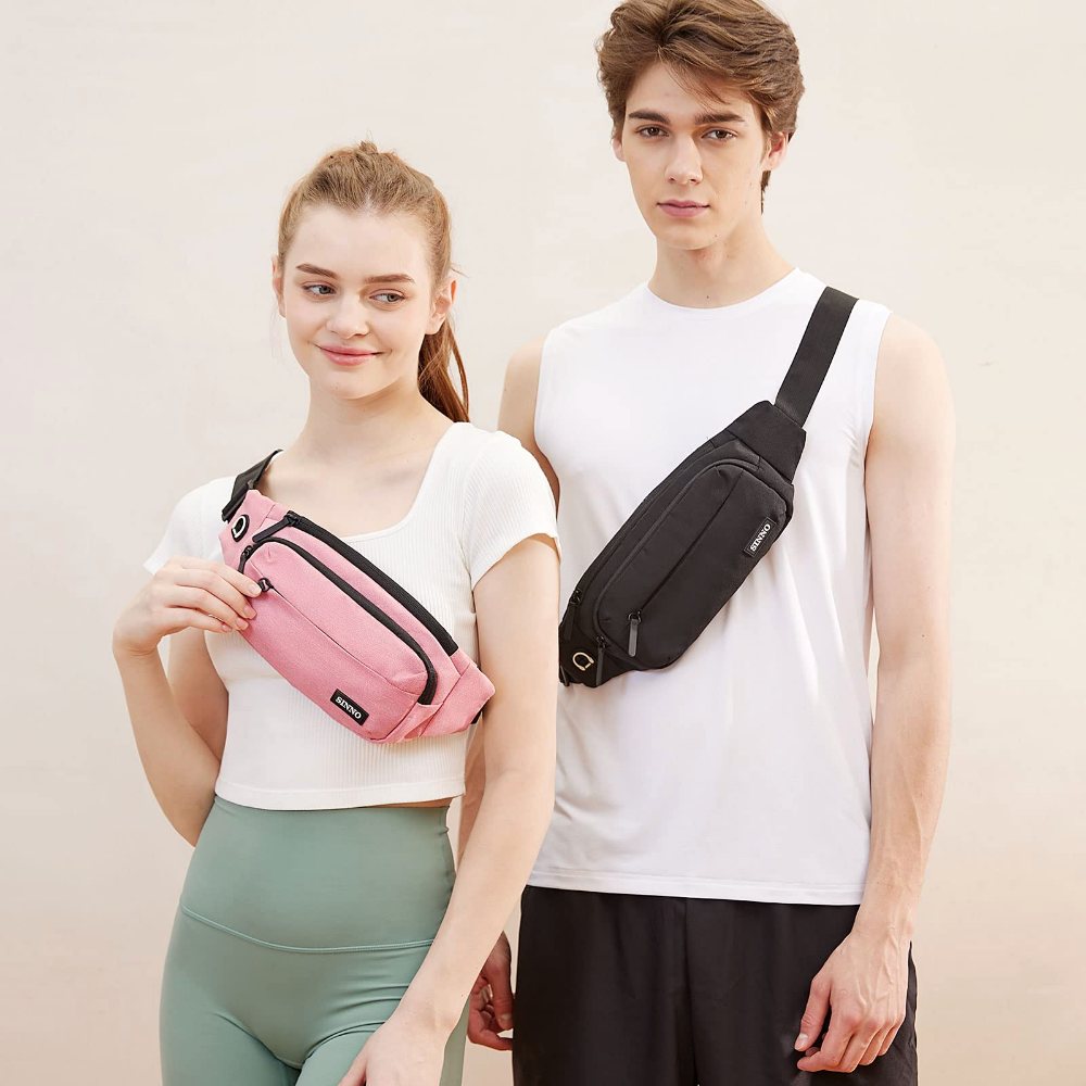 SINNO Large 4-Zip Crossbody Fanny Pack, worn